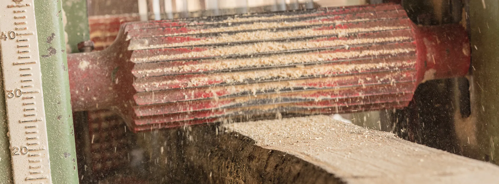 Fräswalze bearbeitet einen Balken; Holzspäne spritzen.